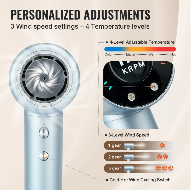 High-Speed Hair Dryer With 105,000RPM Brushless Motor, 200 Million Negative Ions Hair Blow Dryer, 4 Temps & 3 Speeds, LCD Display Thermo-Control Hairdryer With Diffuser & Nozzle For Home Travel